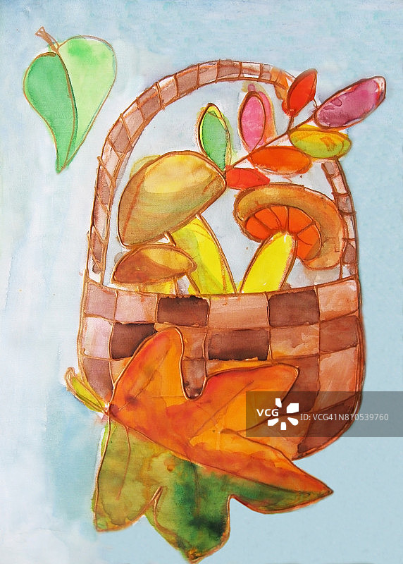 蘑菇柳条篮子-水彩画图片素材