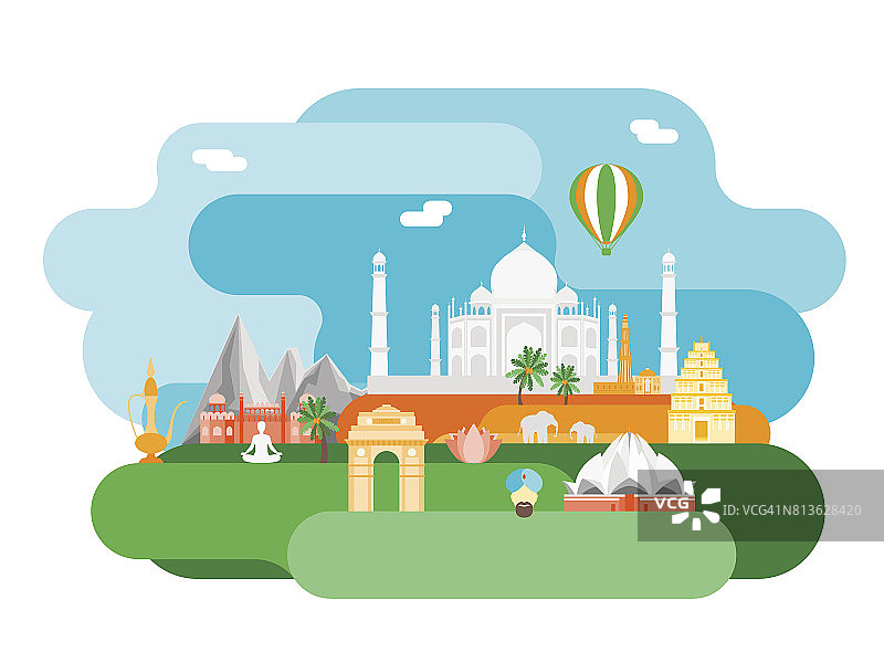 卡通象征印度背景旅游概念。向量图片素材