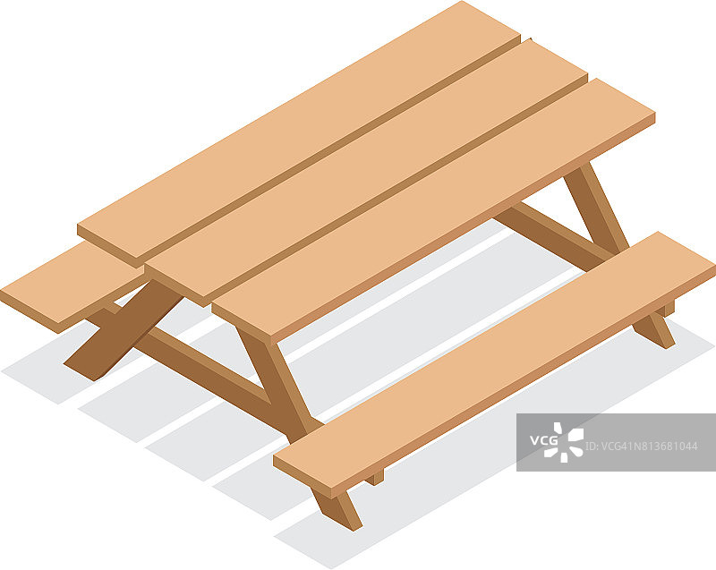等距木桌与长凳。3d矢量户外家具图标图片素材