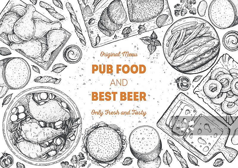 酒吧食物框架矢量插图。啤酒、肉类、快餐和零食手绘。食物设置为酒吧设计俯视图。啤酒餐厅的复古雕刻插图。图片素材
