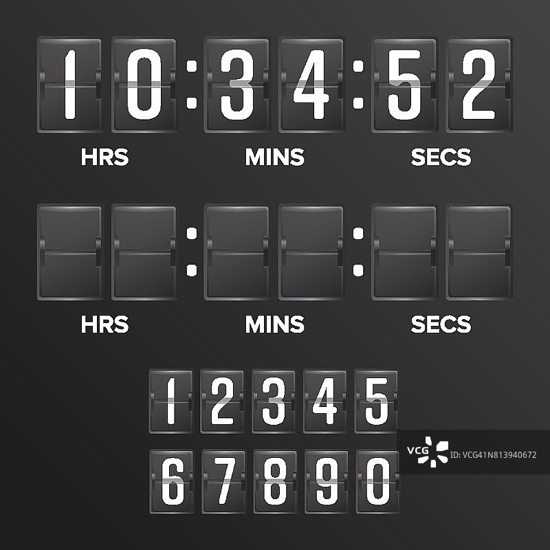 翻转倒数计时器矢量。模拟黑色记分牌数字计时器空白。小时,分,秒。时间说明图片素材
