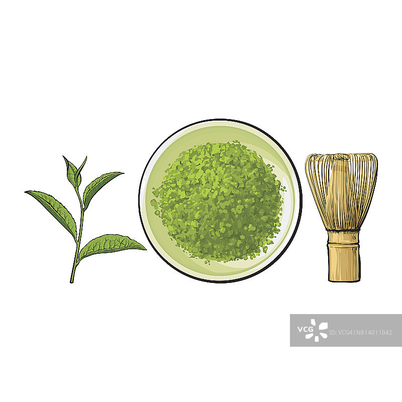 手工制作的一碗抹茶粉，竹搅拌器和绿茶图片素材