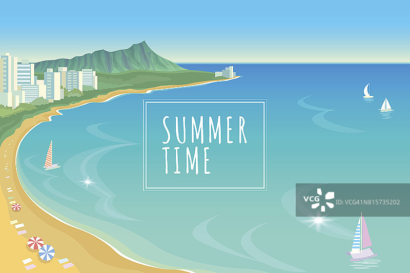 夏威夷海洋湾蓝色的水晴朗的天空夏天旅游度假背景。船，沙滩，伞，炎热的天景色，风景，视图矢量插图图片素材