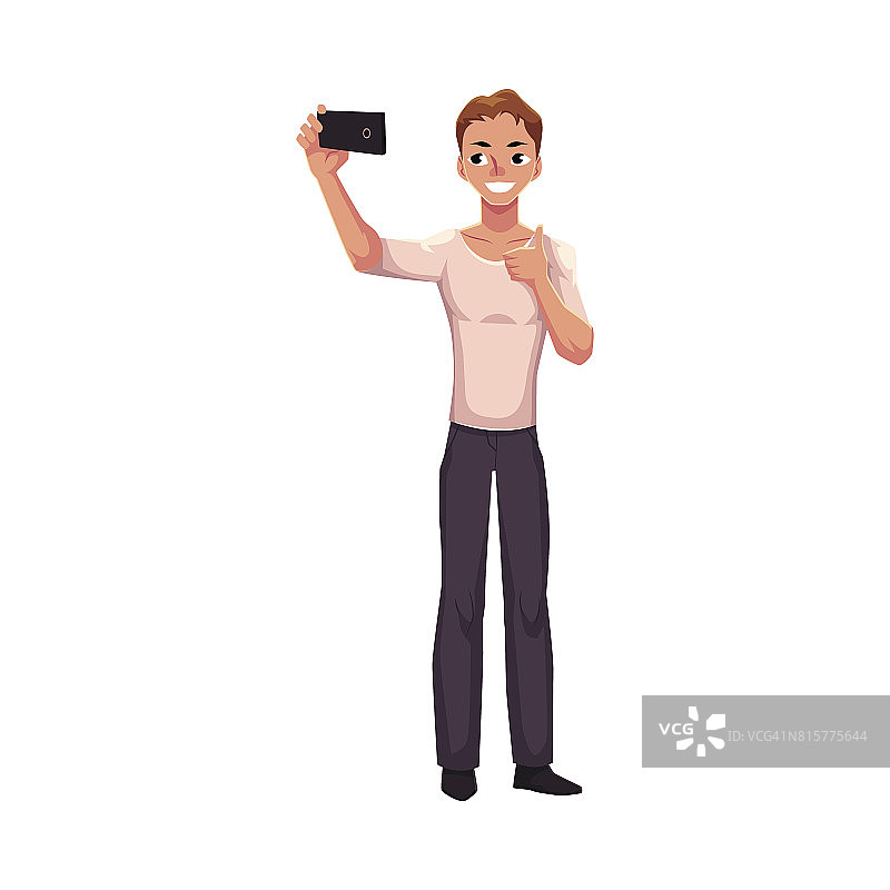 男人用智能手机自拍，竖起大拇指图片素材