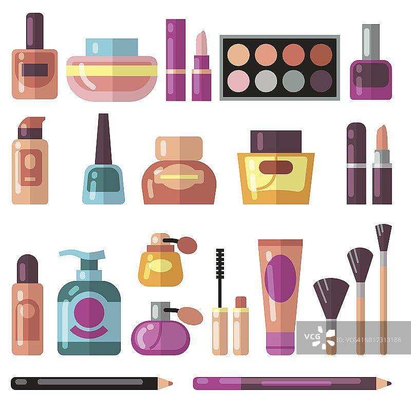 女孩饰品，美容和化妆平面矢量图标。化妆品和香水象形图图片素材