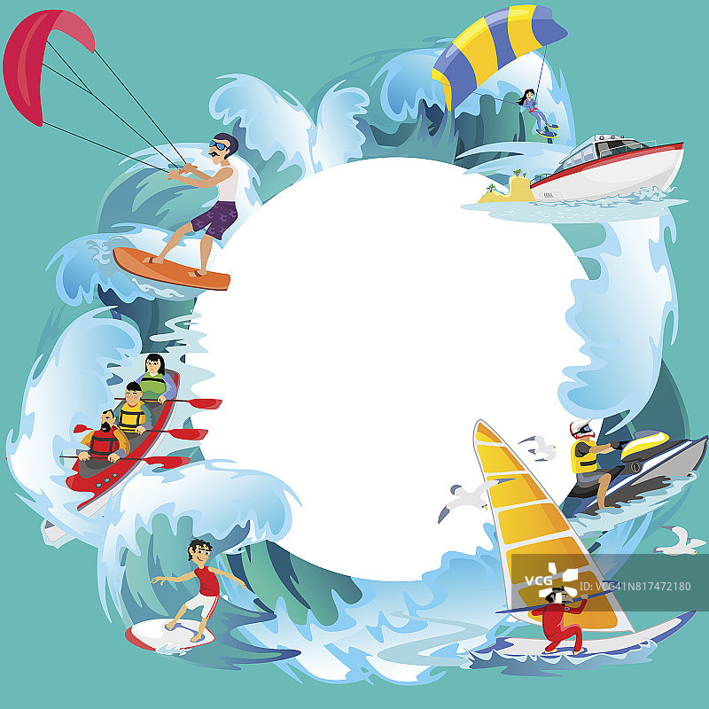 一套水极限运动背景，孤立的设计元素暑假活动的乐趣概念，卡通海浪冲浪，海滩矢量插图，活跃的生活方式冒险图片素材