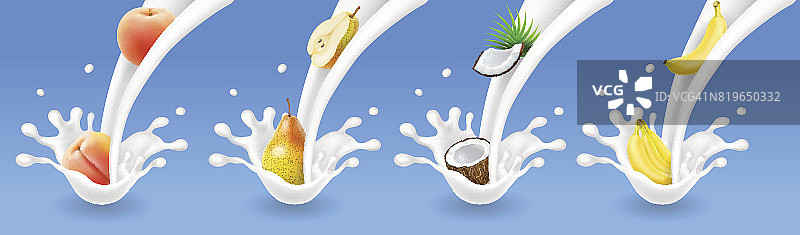 水果和牛奶流酸奶的逼真插图。三维矢量图标集图片素材
