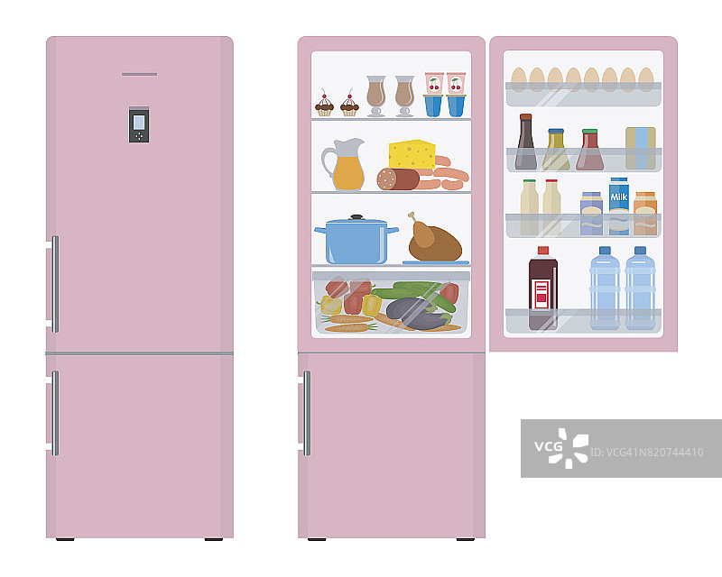 开着门的粉色冰箱，装满了食物图片素材