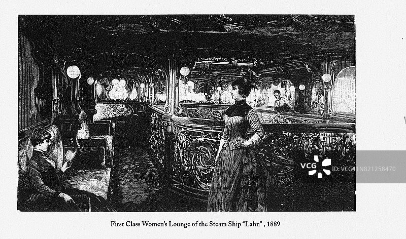 蒸汽轮船“拉恩”雕刻的头等舱妇女休息室，1889年图片素材