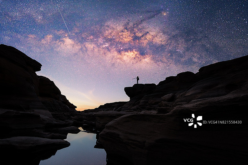 一个人的剪影站在岩石上看着银河和流星在石山。图片素材