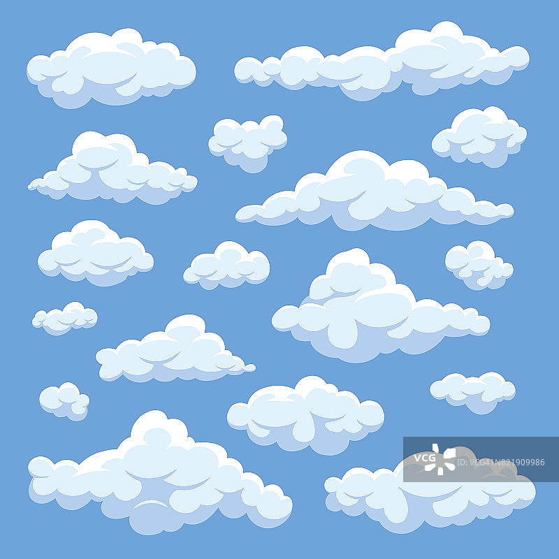 蓬松的白色卡通云在蓝天矢量集。阴天天堂图片素材