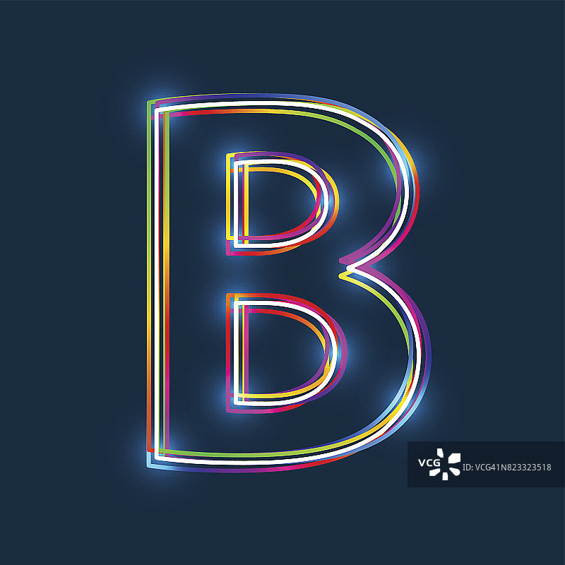 字母B -矢量多色轮廓字体发光效果孤立在蓝色背景。图片素材