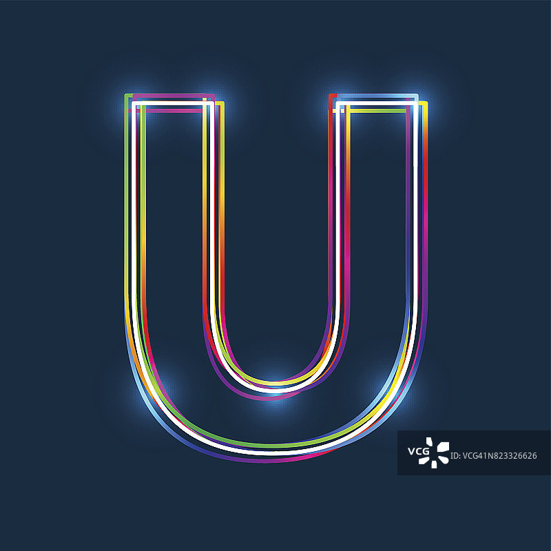 字母U -矢量多色轮廓字体发光效果孤立在蓝色背景。图片素材