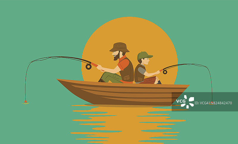 父亲和儿子在湖上的船上钓鱼图片素材
