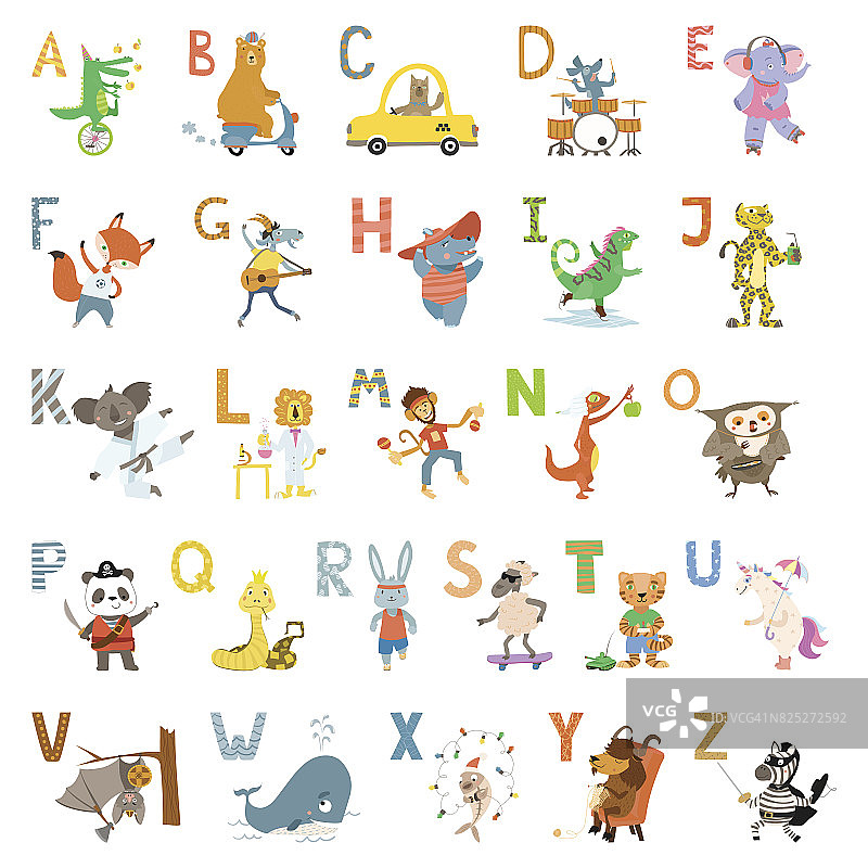 卡通可爱的动物字母为儿童学校、学前教育。图片素材