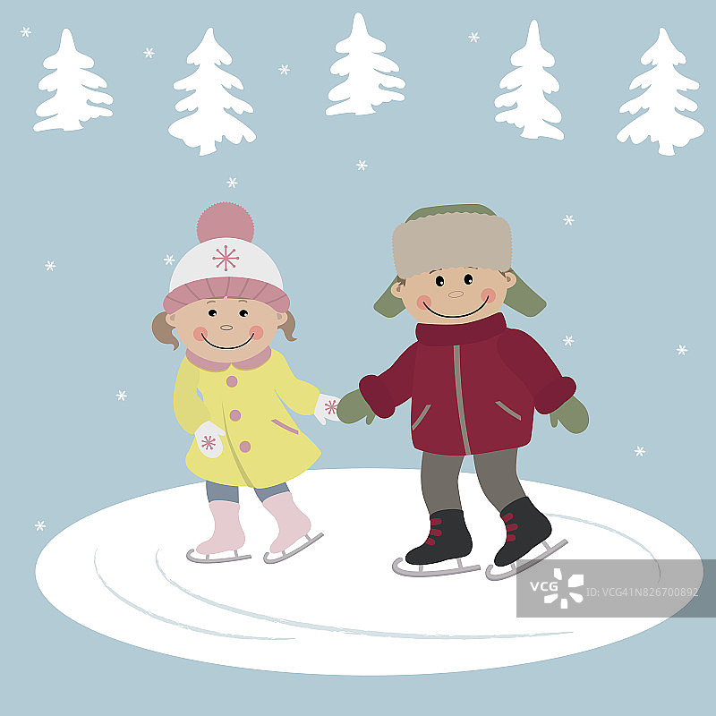 孩子们在冬日的景色背景上滑冰图片素材