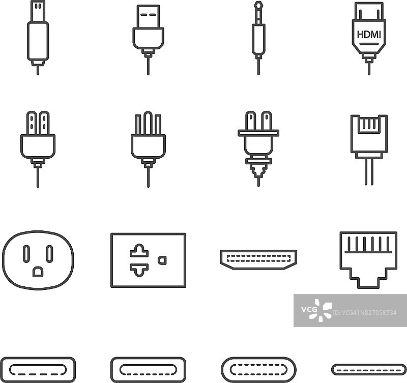 插头和插座线图标设置。包括电器插头，usb，插座，音频插孔，插座等图标。图片素材