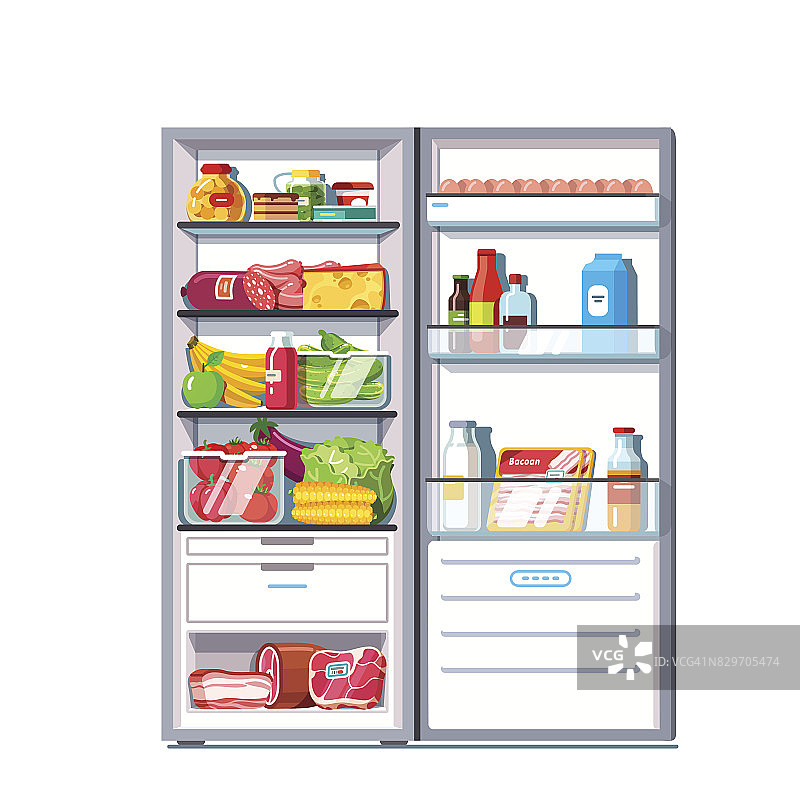 打开冰箱的门，里面装满了蔬菜、水果图片素材