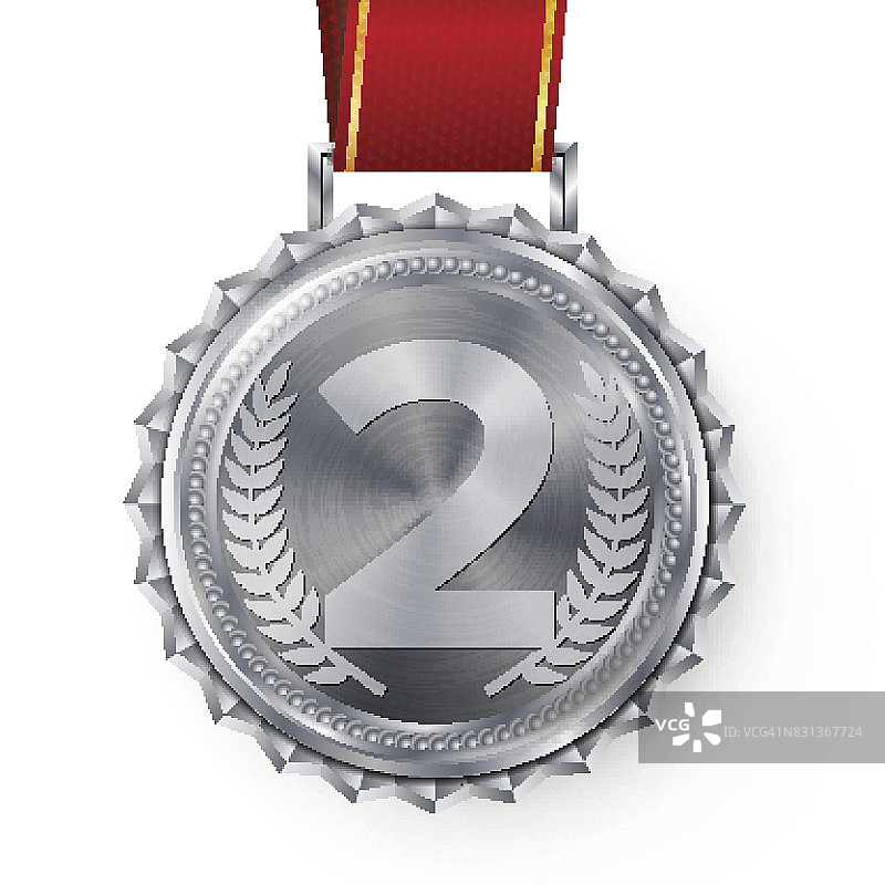银牌向量。银牌第二名徽章。体育游戏银质挑战奖。红丝带。孤立。橄榄枝。现实的例子图片素材