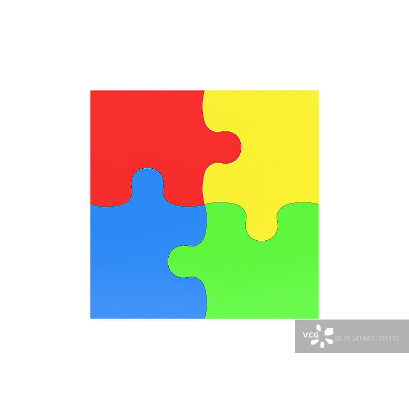 在白色背景上相互连接的四个彩色拼图块的3d渲染图片素材