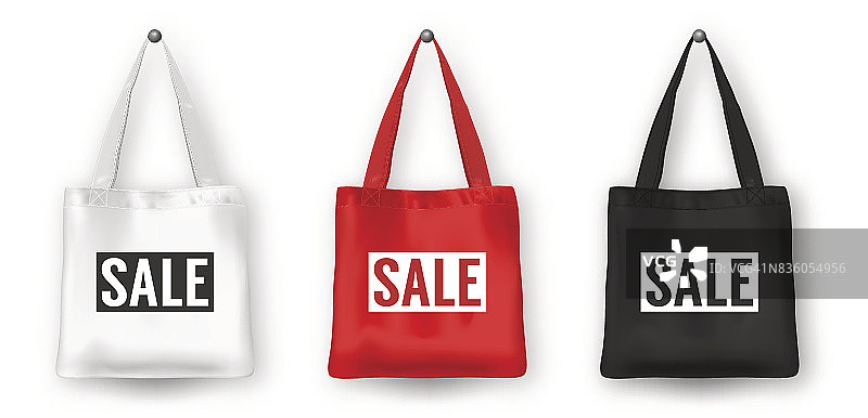 现实向量黑色，白色和红色空纺织品购物手提袋图标设置，与字销售。特写孤立在白色背景。为广告，品牌，模型设计模板。EPS10图片素材