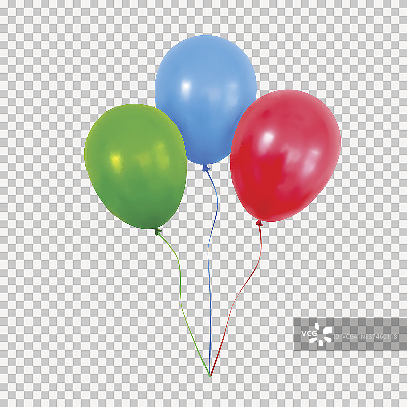 红色绿色和蓝色氦气球设置孤立在透明的背景。图片素材