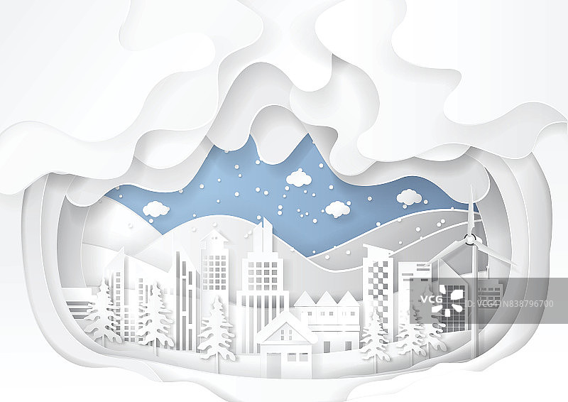 城市城市景观上的雪冬天的背景。图片素材