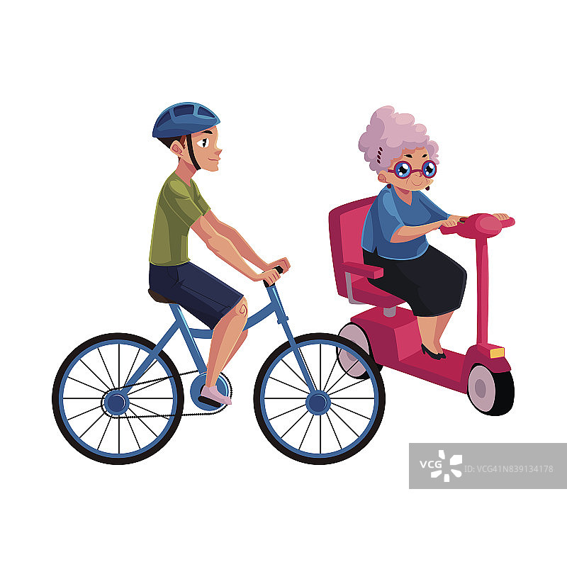 一个年轻人骑自行车，一个老妇人开现代滑板车图片素材