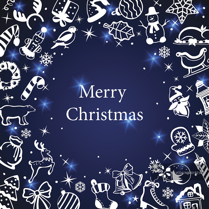 圣诞快乐和新年快乐冬季卡片模板背景与圣诞装饰元素对象在白色和蓝色的颜色图片素材