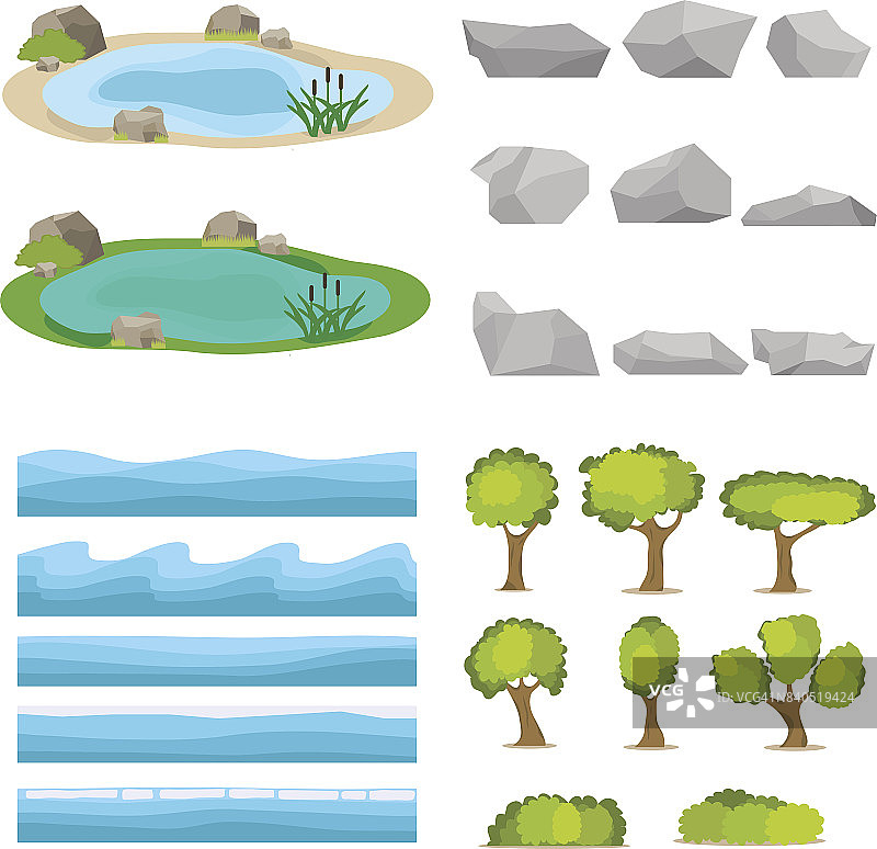 湖水，一套石头，一套树木，一套海景，一套海浪。图片素材