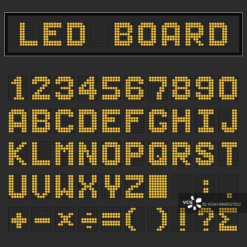 橙色LED数字英文大写字体，数字和数学符号显示在黑色背景图片素材