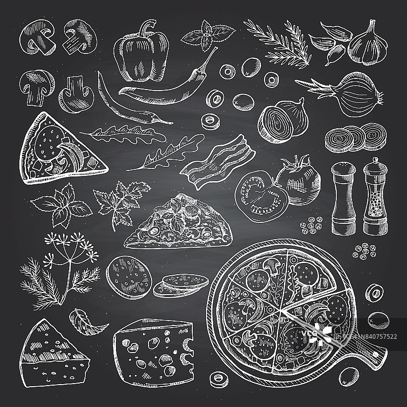 黑色黑板上的披萨配料图。意大利厨房的图片图片素材