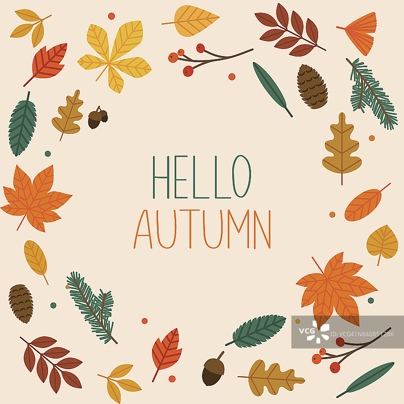 你好,秋天。背景上的秋叶。平面设计现代矢量插图概念。图片素材
