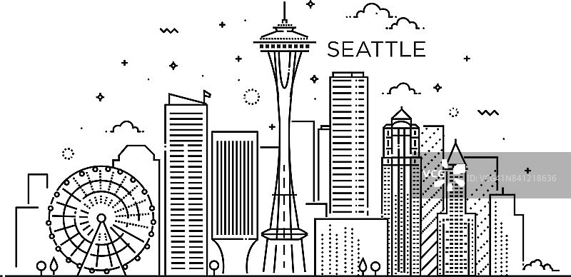 西雅图的旗帜在平面线时尚风格。西雅图城市线条艺术。图片素材