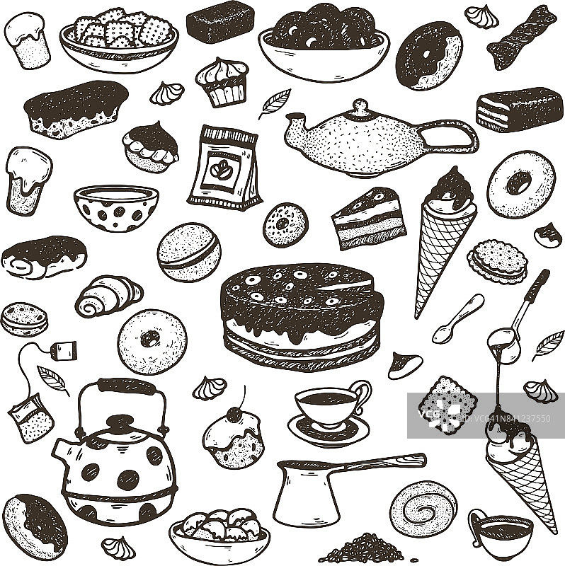 手绘糖果，纸杯蛋糕，蛋糕，冰淇淋，茶，咖啡，糖果，三明治。涂鸦插图图片素材