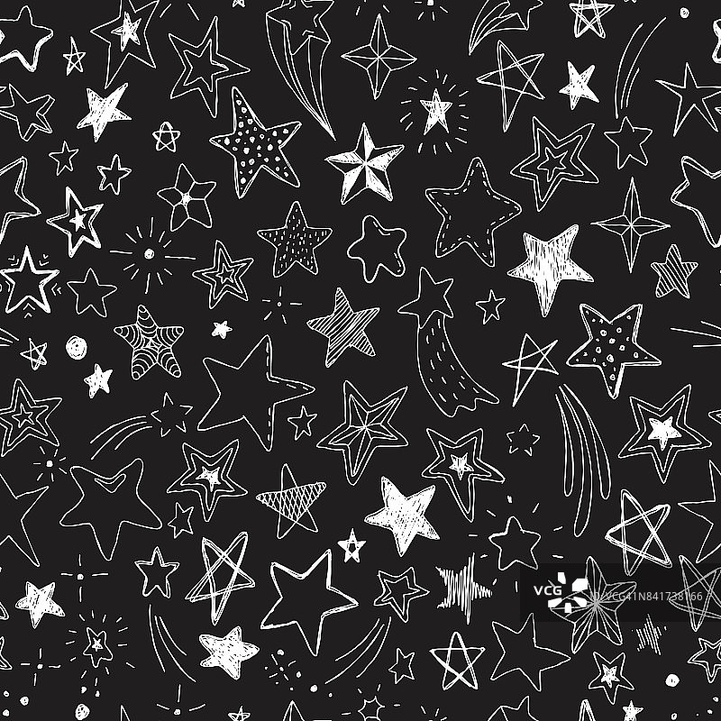 美丽的无缝图案手绘涂鸦星星黑色和白色孤立的背景图片素材