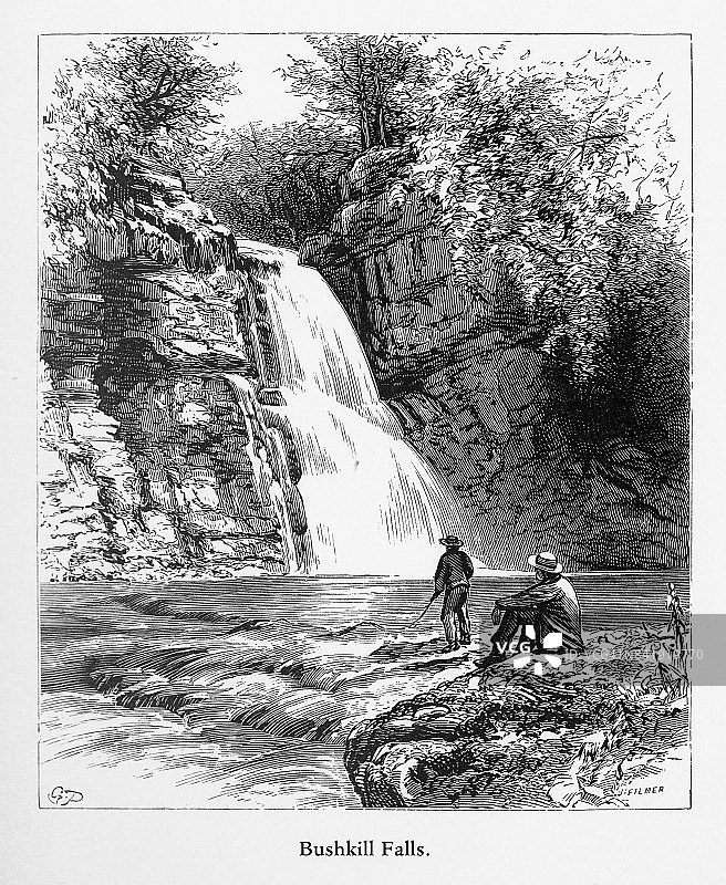 美国宾夕法尼亚州特拉华河水口的布什基尔瀑布，美国维多利亚版画，1872年图片素材