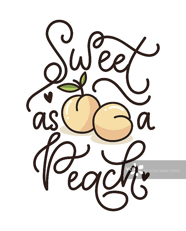 甜如桃字引用可爱的桃子。可爱的水果手绘书法。图片素材
