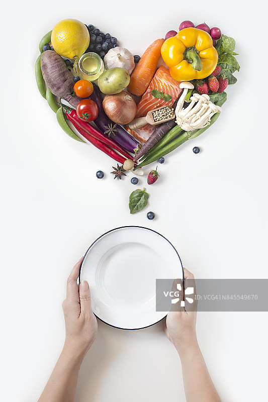 平铺概念素食食物在白色的背景。图片素材