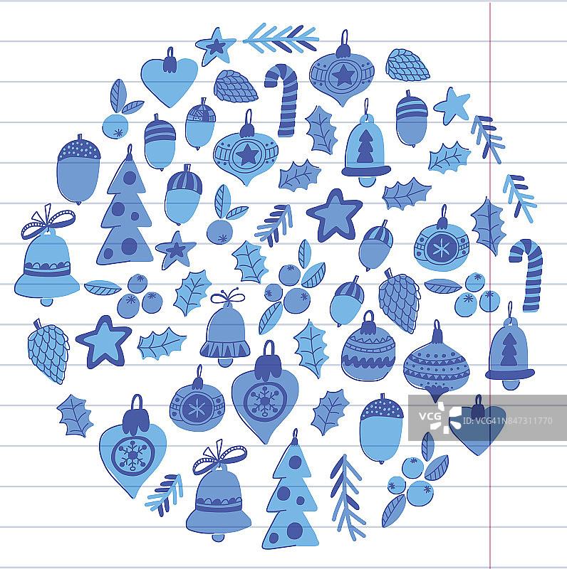 圣诞图案与圣诞元素，球，装饰圣诞快乐，新年快乐冬青快乐节日庆祝墨水铅笔画图片素材