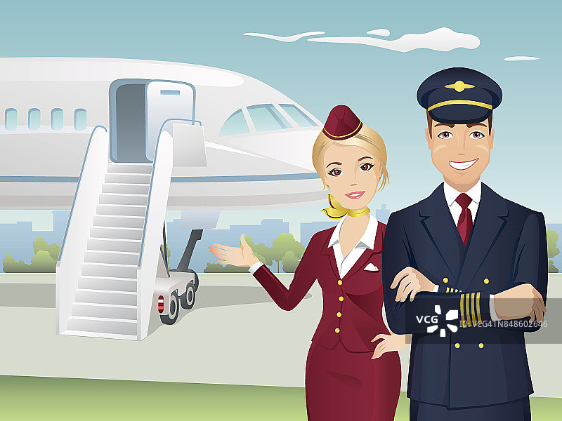 以飞机为背景的商业航空公司飞行员和空乘人员图片素材