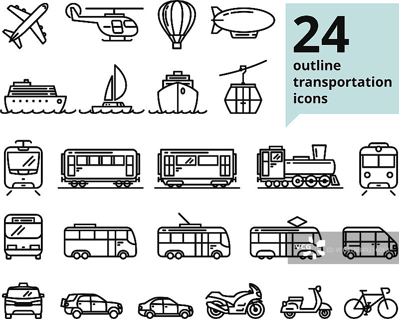 矢量运输和旅行相关的24光轮廓图标集图片素材