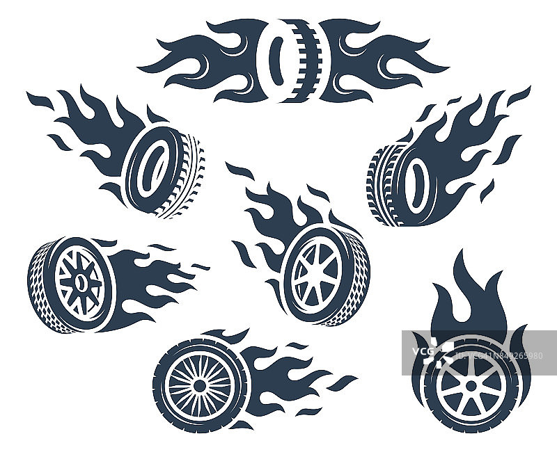 一组车轮的轮廓与火焰火焰图片素材