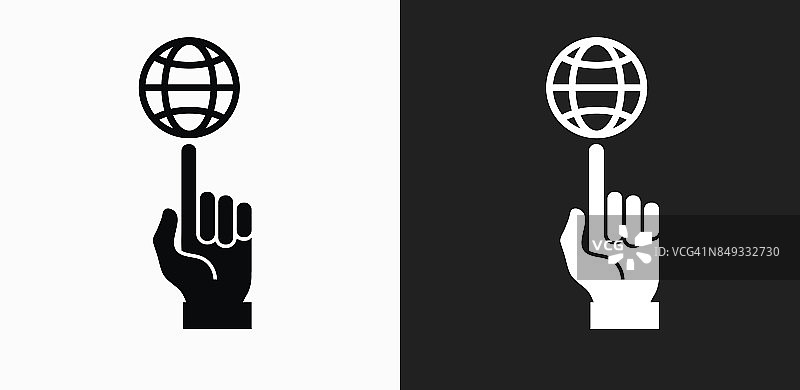 地球仪上的人类手指图标在黑色和白色矢量背景图片素材