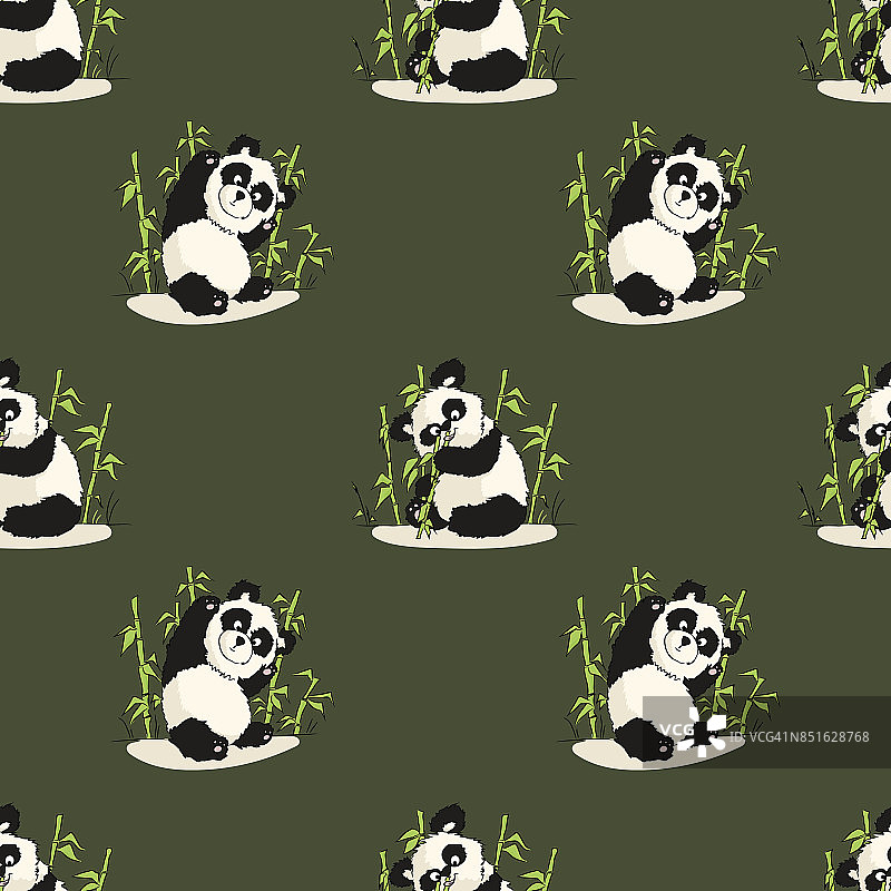 无缝图案与玩熊猫和竹子。手绘矢量图图片素材