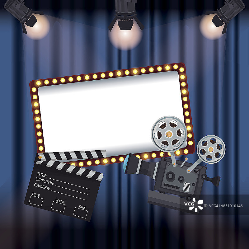 彩色背景舞台电影幕布与聚光灯电影放映机和拍板图片素材