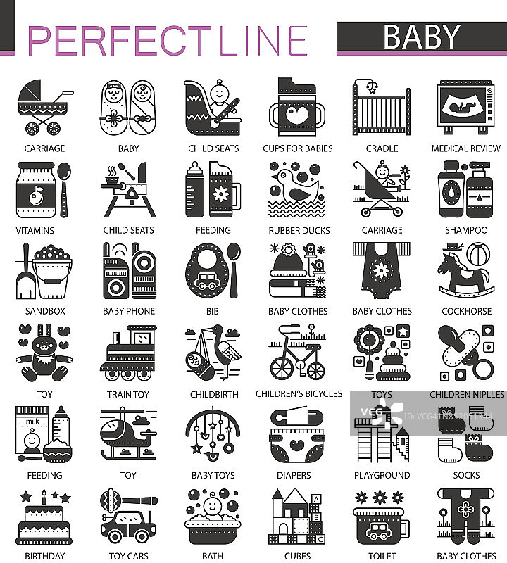 宝宝经典黑色迷你概念符号。婴儿现代图标插图集。图片素材