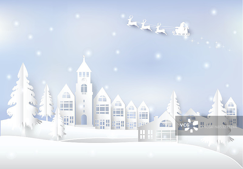 圣诞老人和雪花在城市城镇蓝天的背景。圣诞季纸画图片素材