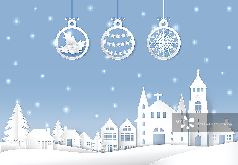 冬天的节日雪和球装饰圣诞季节的纸艺术，剪纸风格图片素材