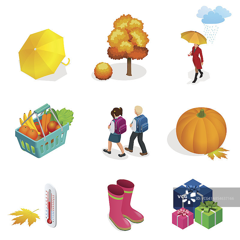 秋天的图标和对象设置为设计南瓜，温度计，在雨中带伞的女人，背着书包的孩子，秋天的树，橡胶靴，篮子蔬菜和水果图片素材